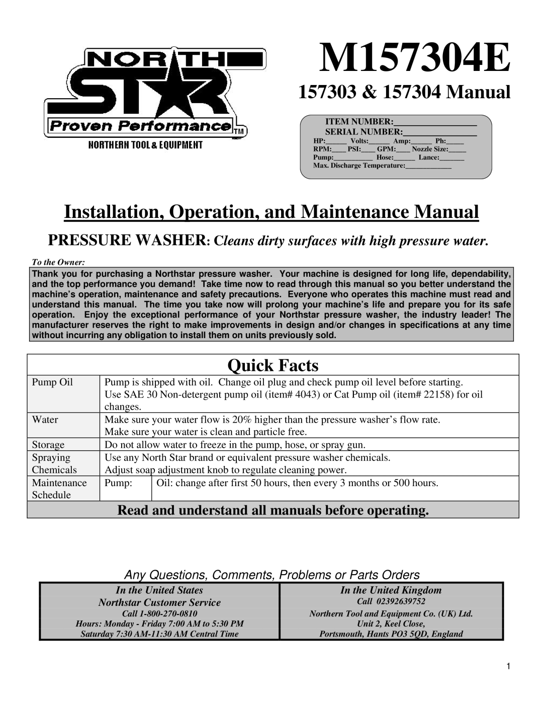 North Star M157304E specifications 