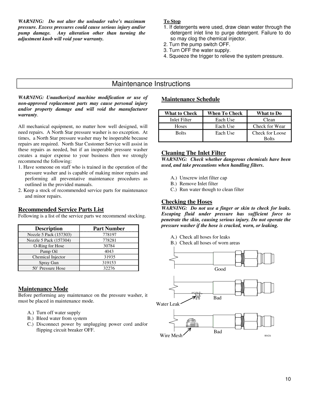 North Star M157304E specifications Maintenance Instructions 