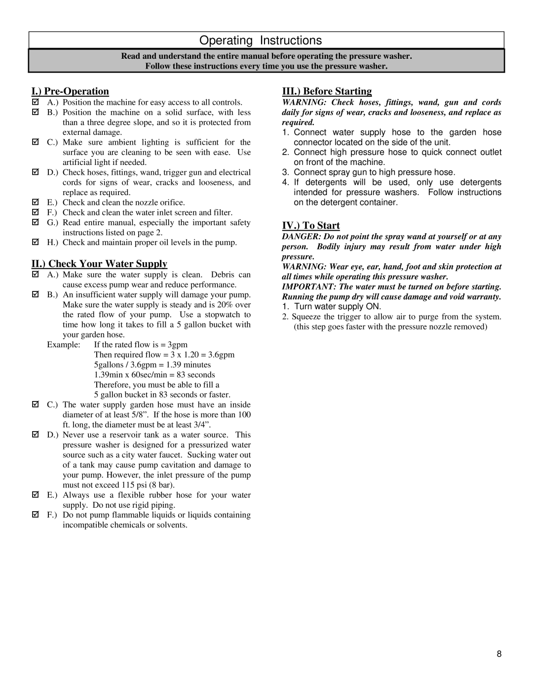 North Star M157304E Operating Instructions, Pre-Operation, II. Check Your Water Supply, III. Before Starting, IV. To Start 