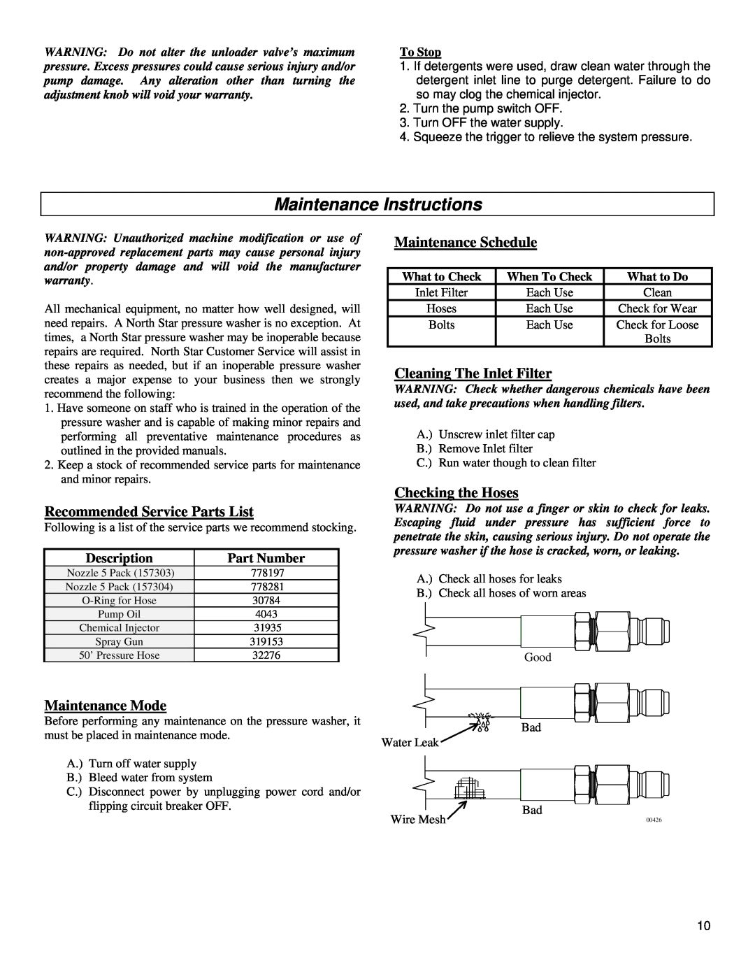 North Star M157304E Maintenance Instructions, Recommended Service Parts List, Maintenance Mode, Maintenance Schedule 