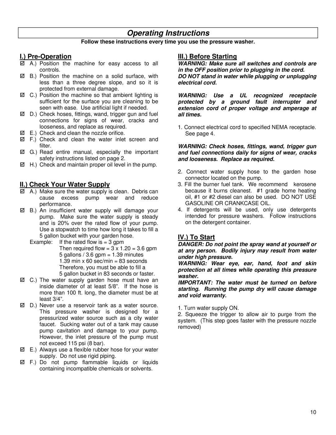 North Star M157305G Operating Instructions, Pre-Operation, II. Check Your Water Supply, III. Before Starting, IV. To Start 