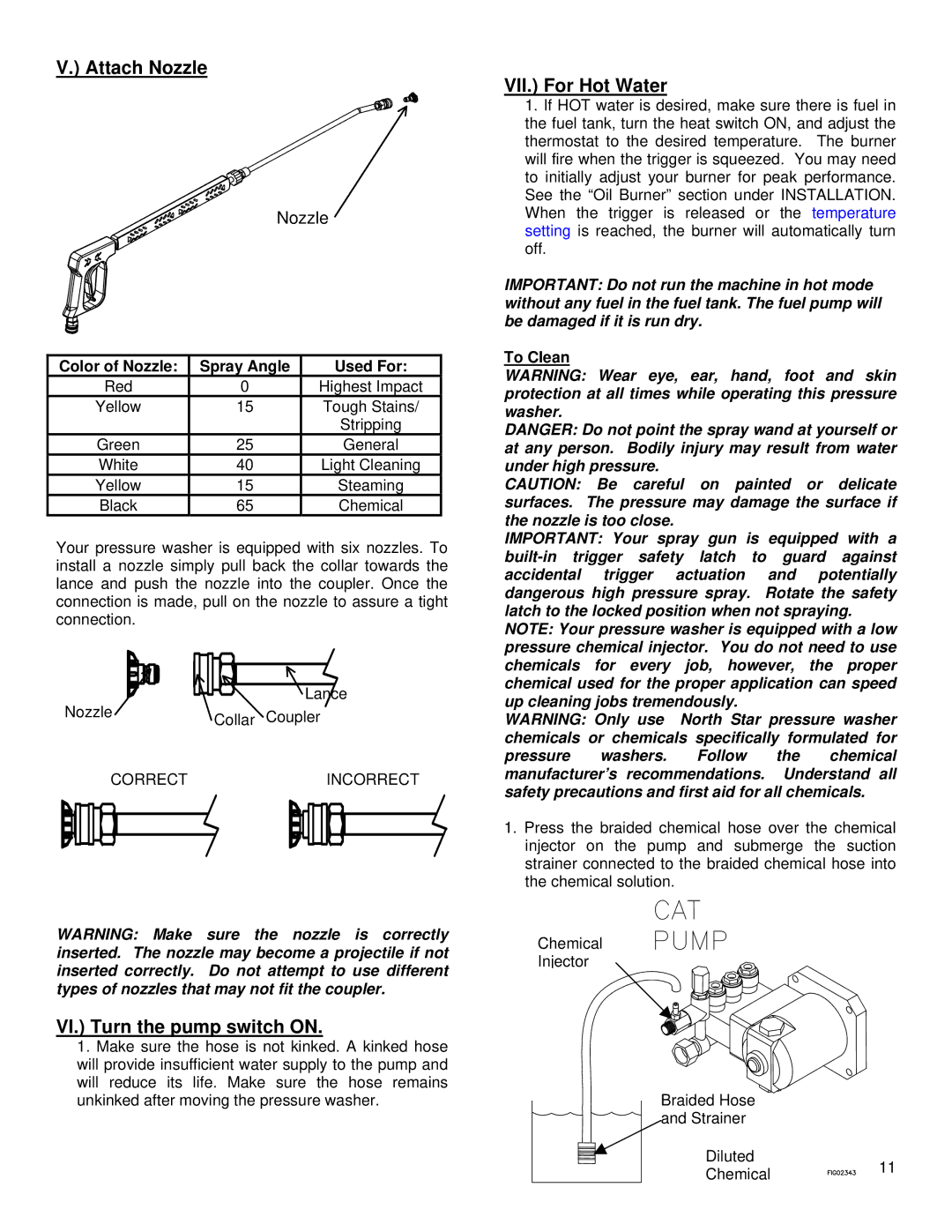 North Star M157305G specifications Attach Nozzle, VI. Turn the pump switch on, VII. For Hot Water 