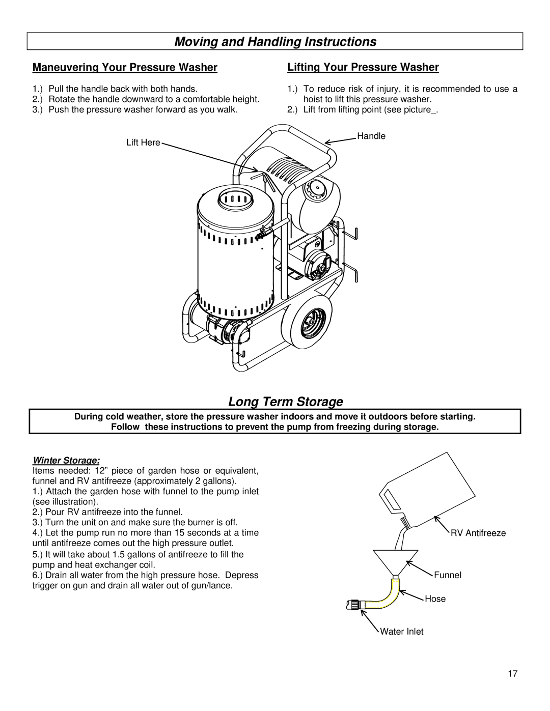 North Star M157305G specifications Moving and Handling Instructions, Long Term Storage, Maneuvering Your Pressure Washer 