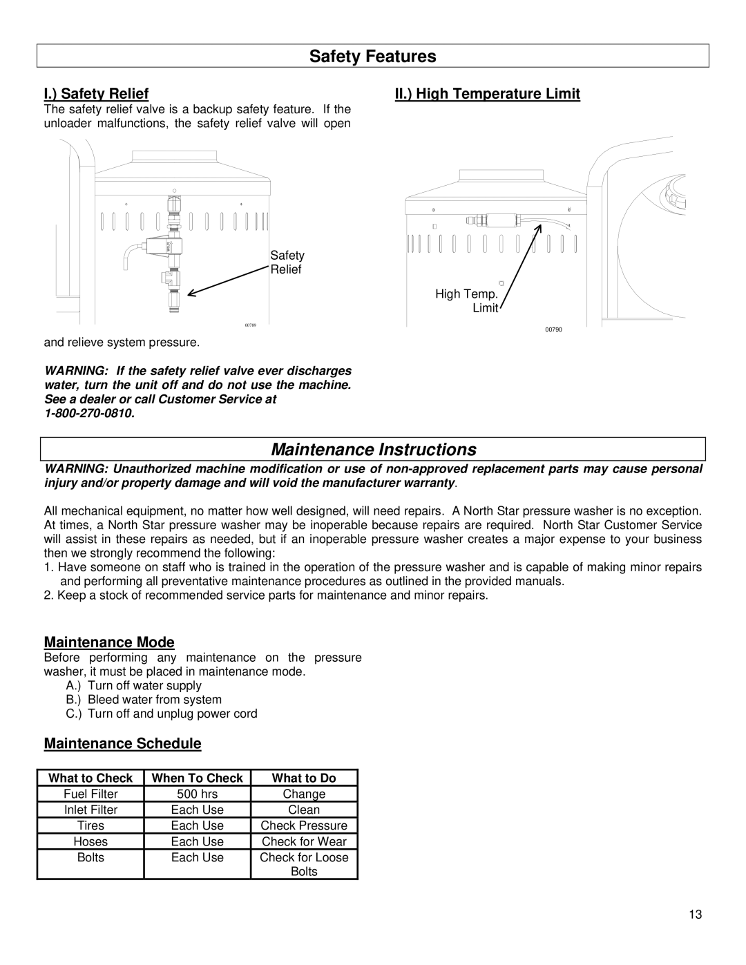 North Star M157305H specifications Maintenance Instructions, Safety Relief II. High Temperature Limit, Maintenance Mode 