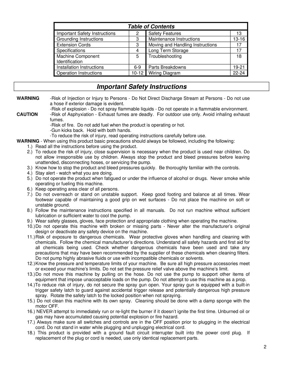 North Star M157305H specifications Important Safety Instructions, Table of Contents 