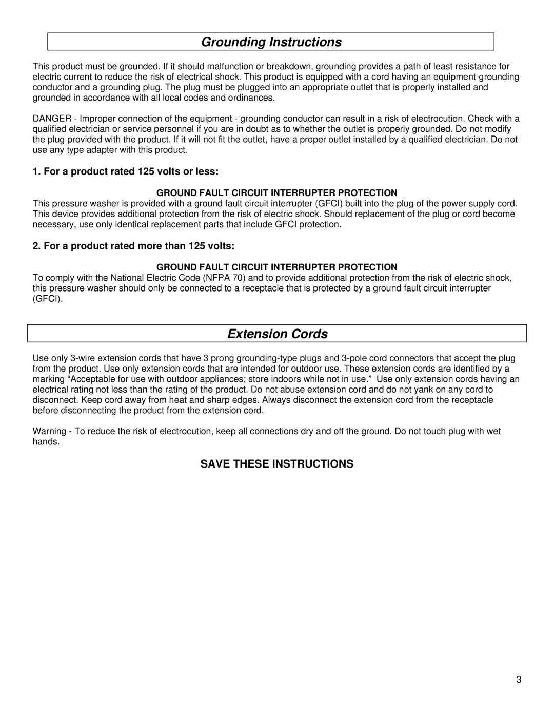 North Star M157305H specifications Grounding Instructions, Extension Cords 