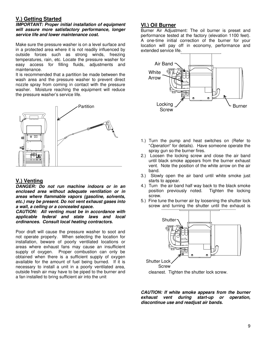 North Star M157305H specifications Getting Started, Venting, VI. Oil Burner, Air Band White Arrow Locking Burner Screw 