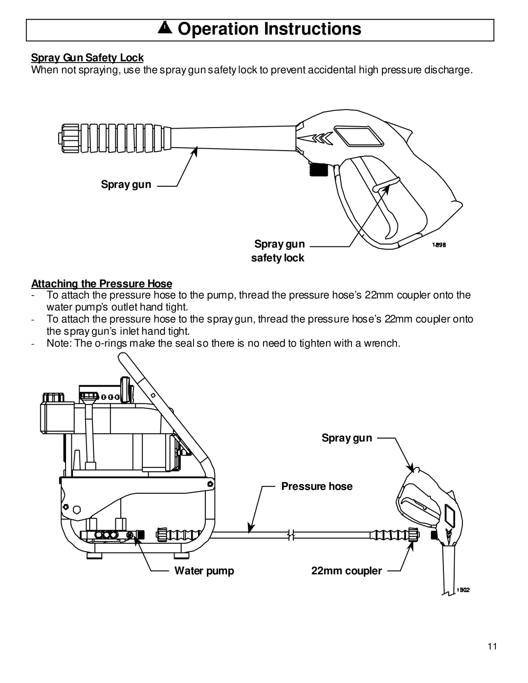 North Star M157471A owner manual Spray Gun Safety Lock, Spray gun Spray gun safety lock Attaching the Pressure Hose 