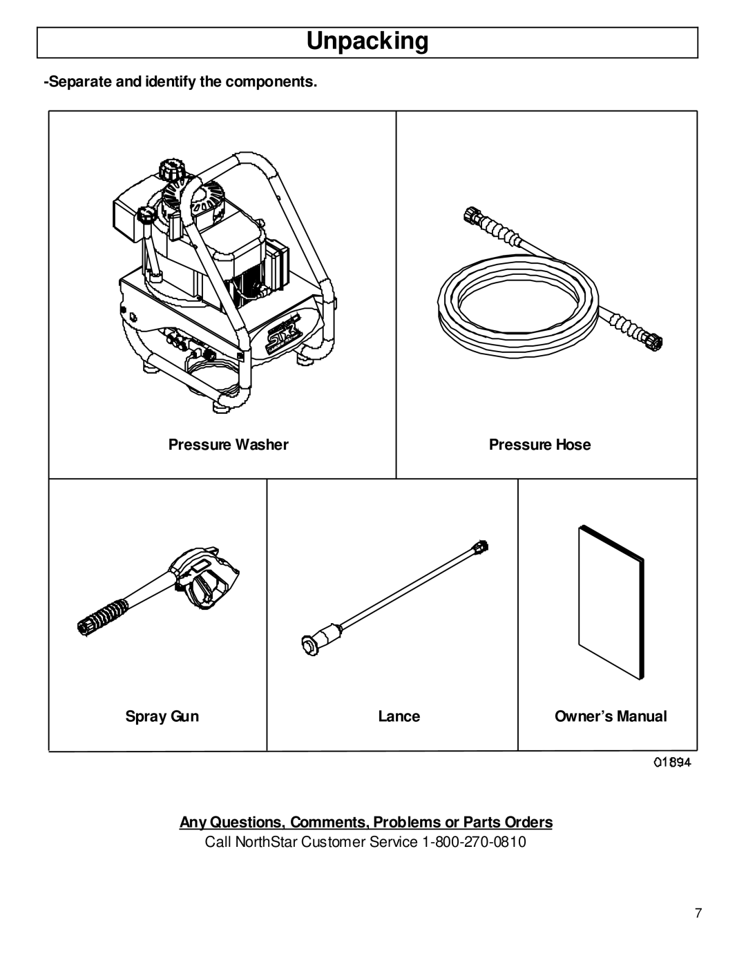 North Star M157471A owner manual Unpacking, Separate and identify the components Pressure Washer 