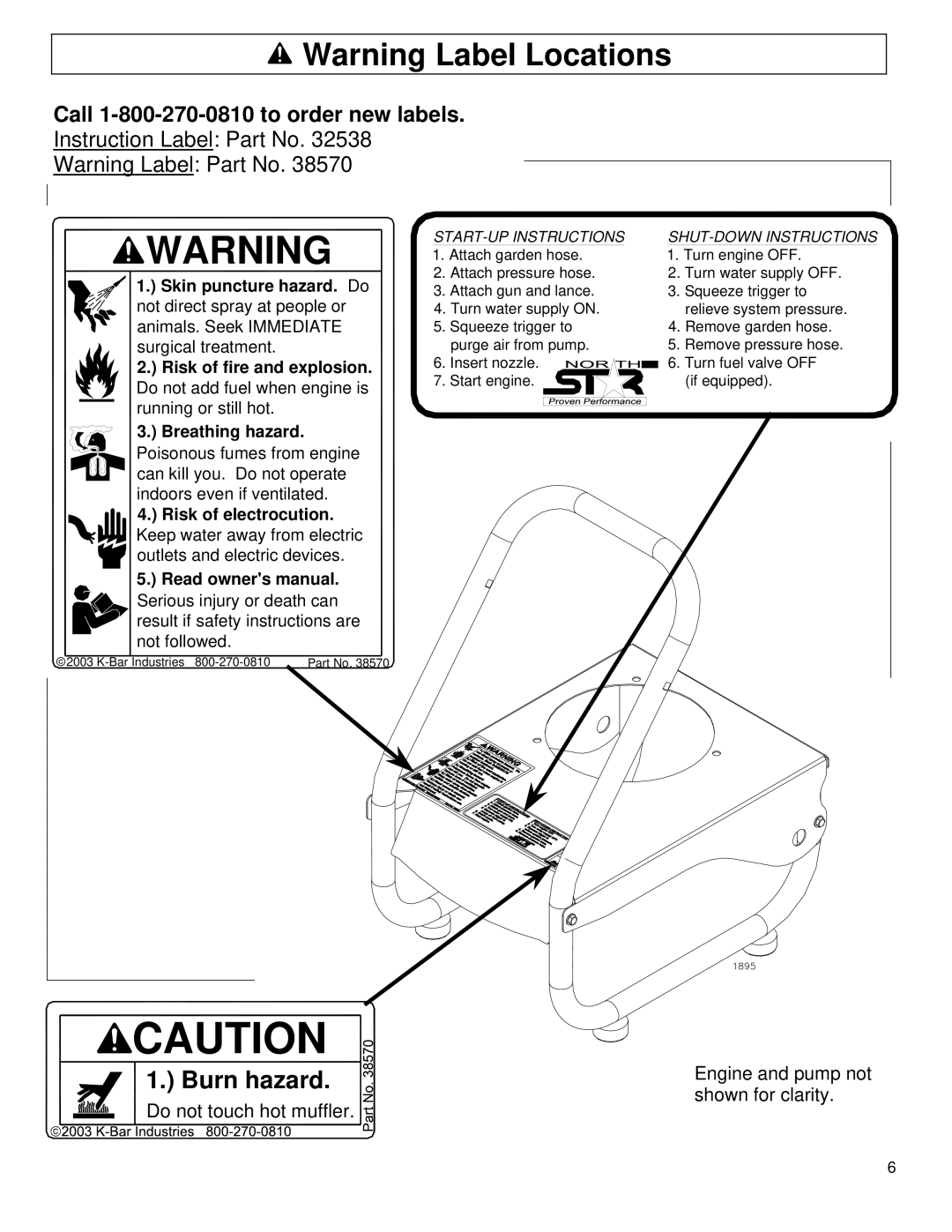 North Star M157477A owner manual Call 1-800-270-0810 to order new labels, Instruction Label Part No 