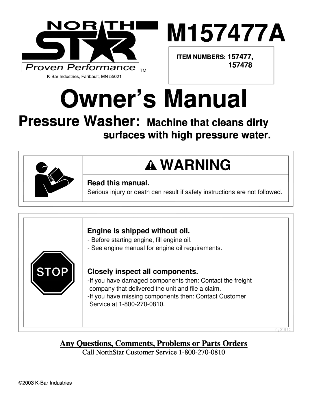 North Star M157477A owner manual Any Questions, Comments, Problems or Parts Orders, Read this manual, Item Numbers 