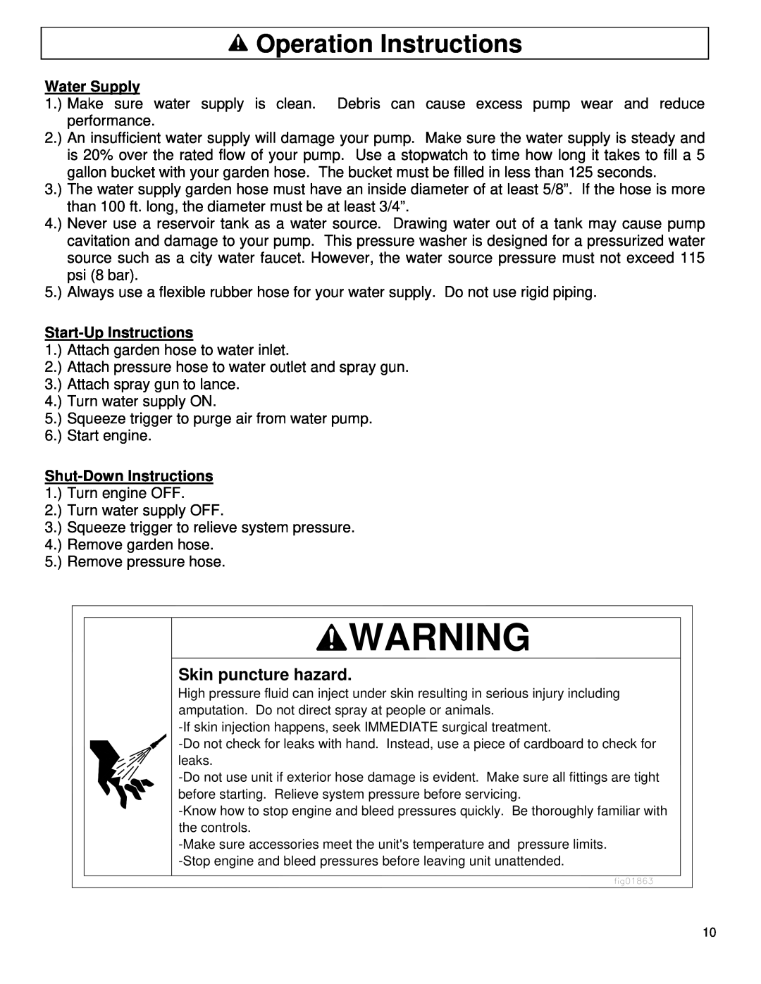 North Star M157477A owner manual Operation Instructions, Skin puncture hazard, Water Supply, Start-Up Instructions 