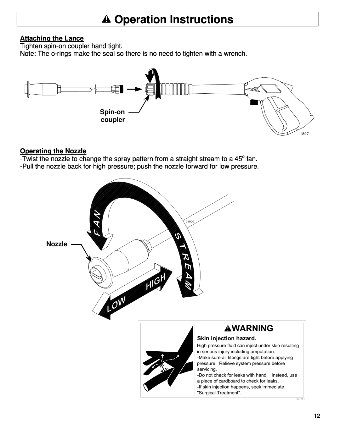 North Star M157477A owner manual Operation Instructions, Attaching the Lance, Spin-on coupler Operating the Nozzle 