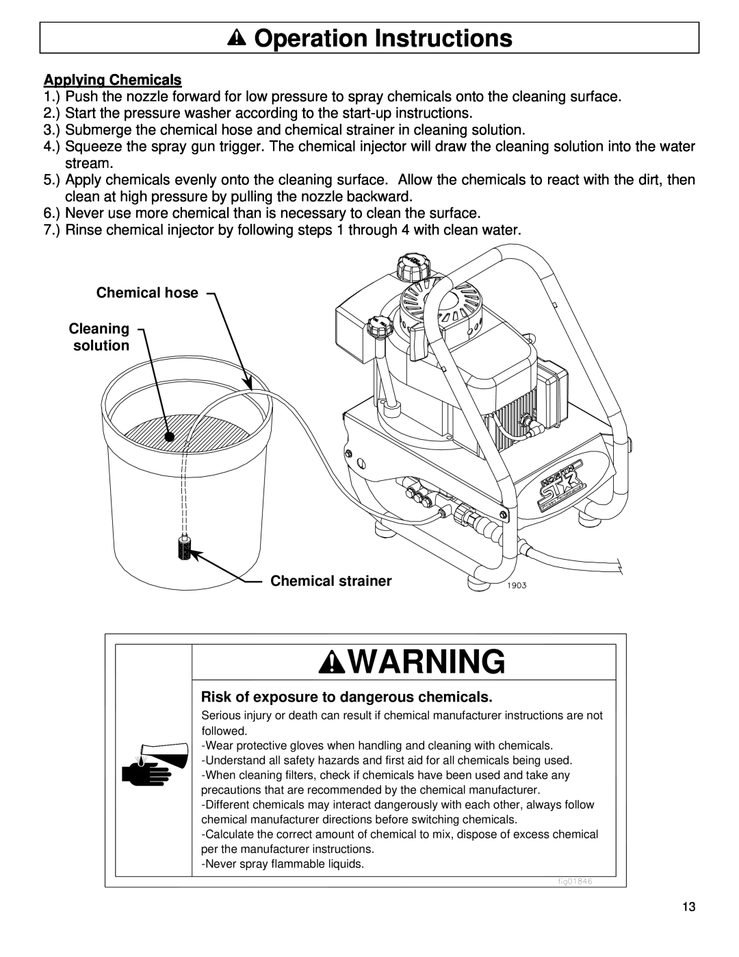 North Star M157477A Operation Instructions, Applying Chemicals, Chemical hose Cleaning solution Chemical strainer 