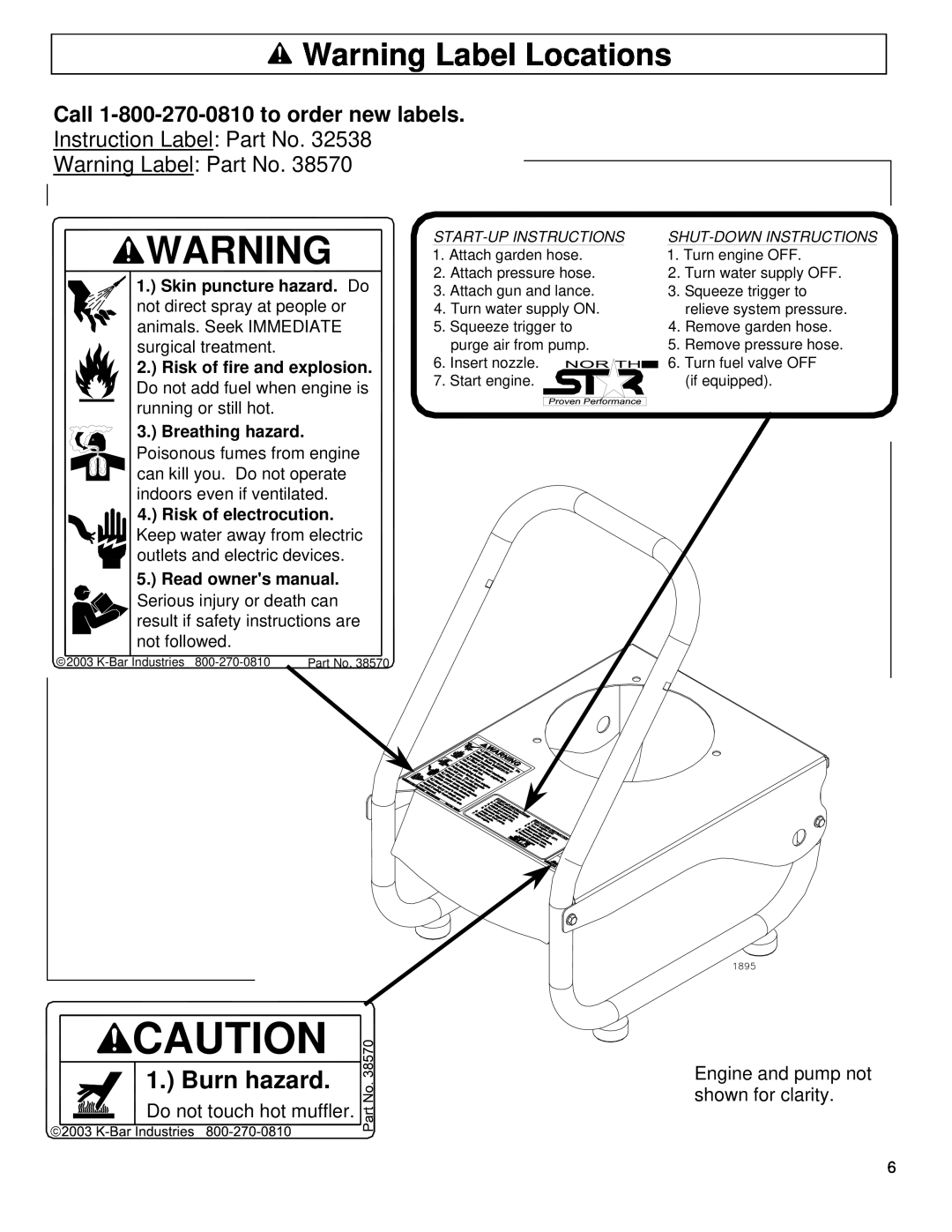 North Star M157477A Warning Label Locations, Burn hazard, Call 1-800-270-0810 to order new labels, Breathing hazard 
