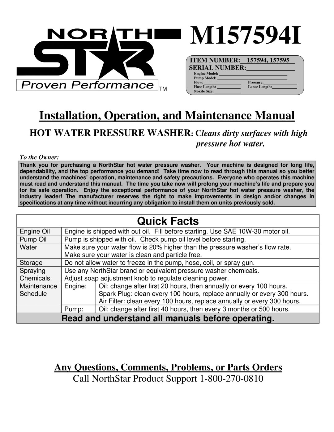 North Star M157594I specifications 