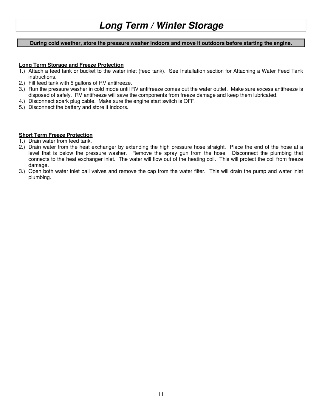 North Star M157594I specifications Long Term / Winter Storage, Short Term Freeze Protection 1. Drain water from feed tank 