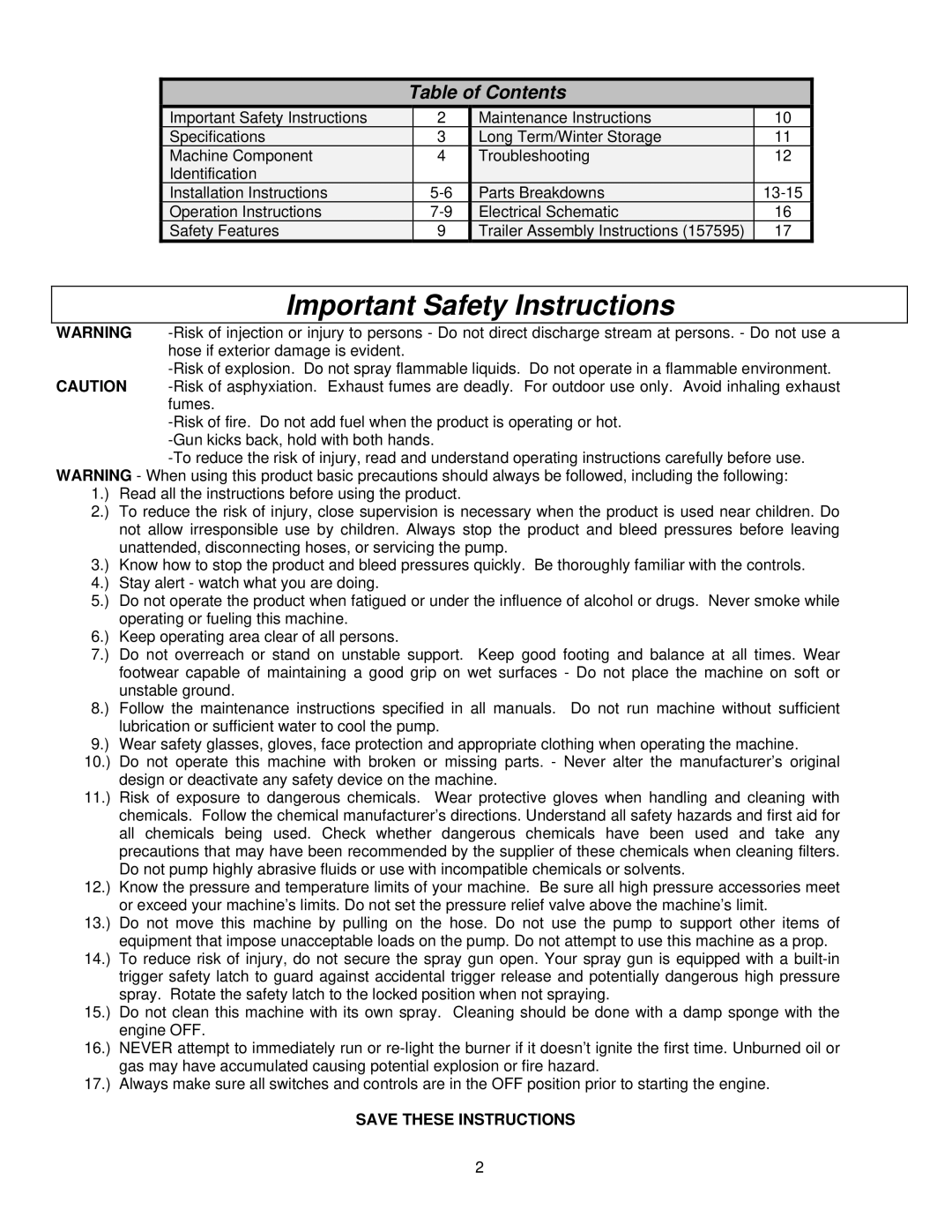 North Star M157594I specifications Important Safety Instructions, Table of Contents 