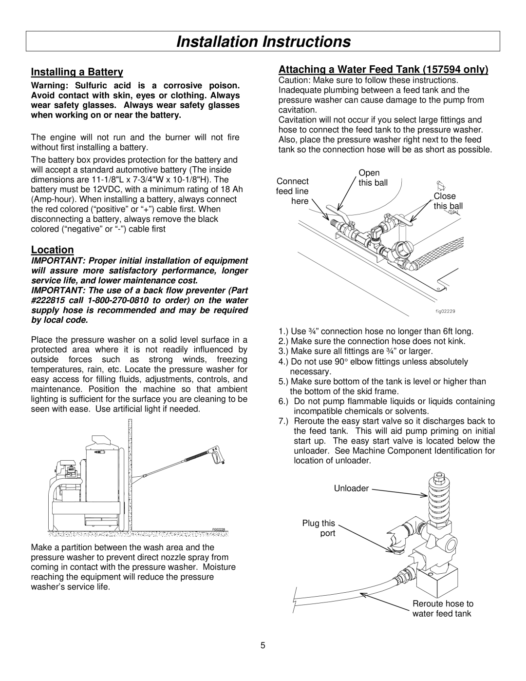 North Star M157594I Installation Instructions, Installing a Battery, Location, Attaching a Water Feed Tank 157594 only 