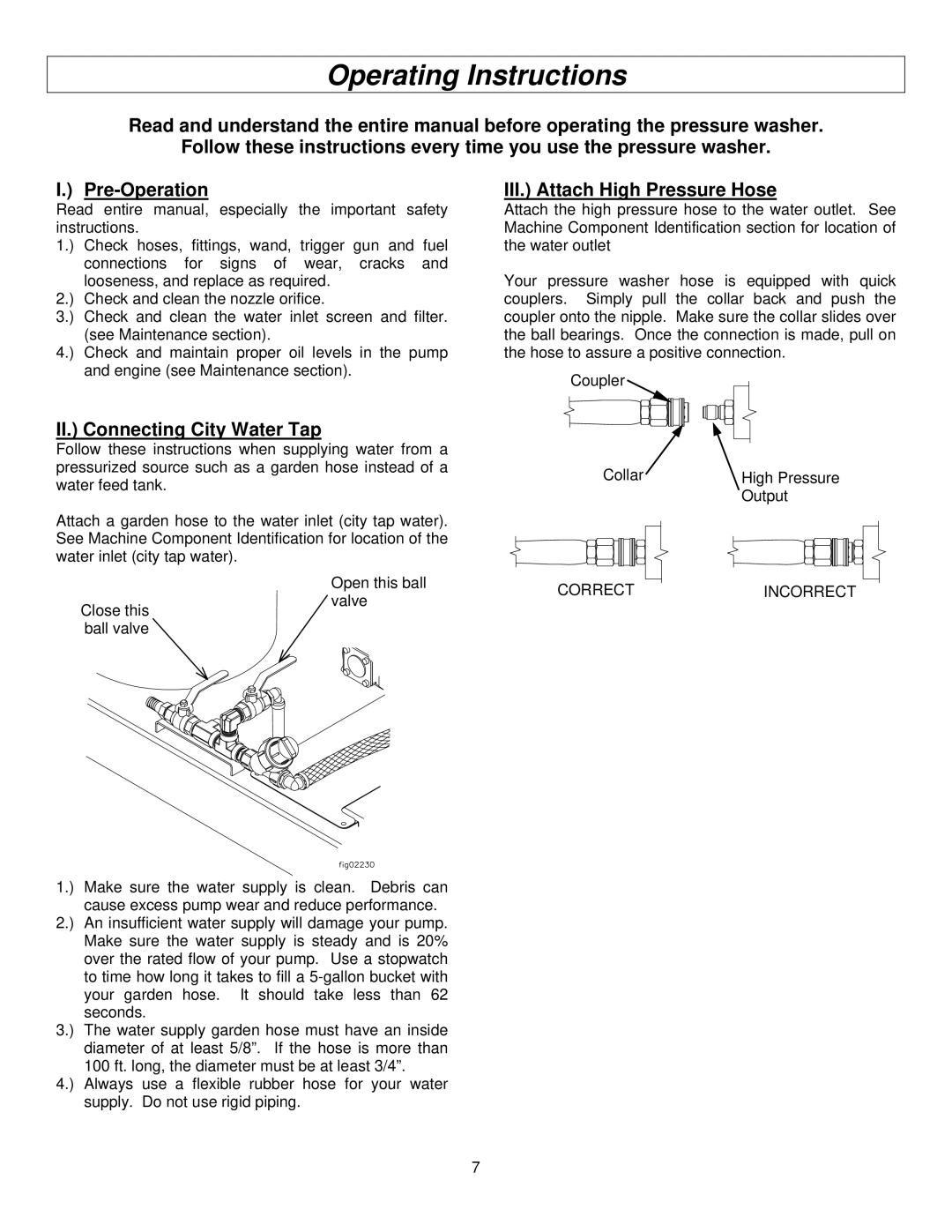 North Star M157594I specifications Operating Instructions, II. Connecting City Water Tap, III. Attach High Pressure Hose 