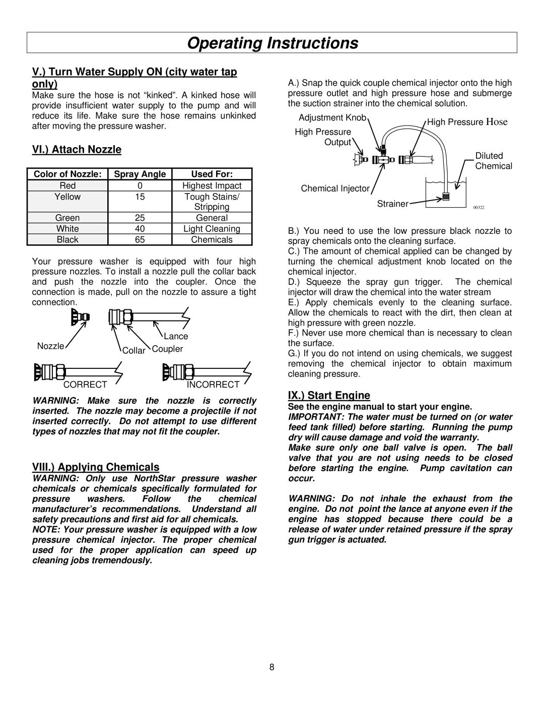 North Star M157594I specifications Turn Water Supply on city water tap only, VI. Attach Nozzle, VIII. Applying Chemicals 