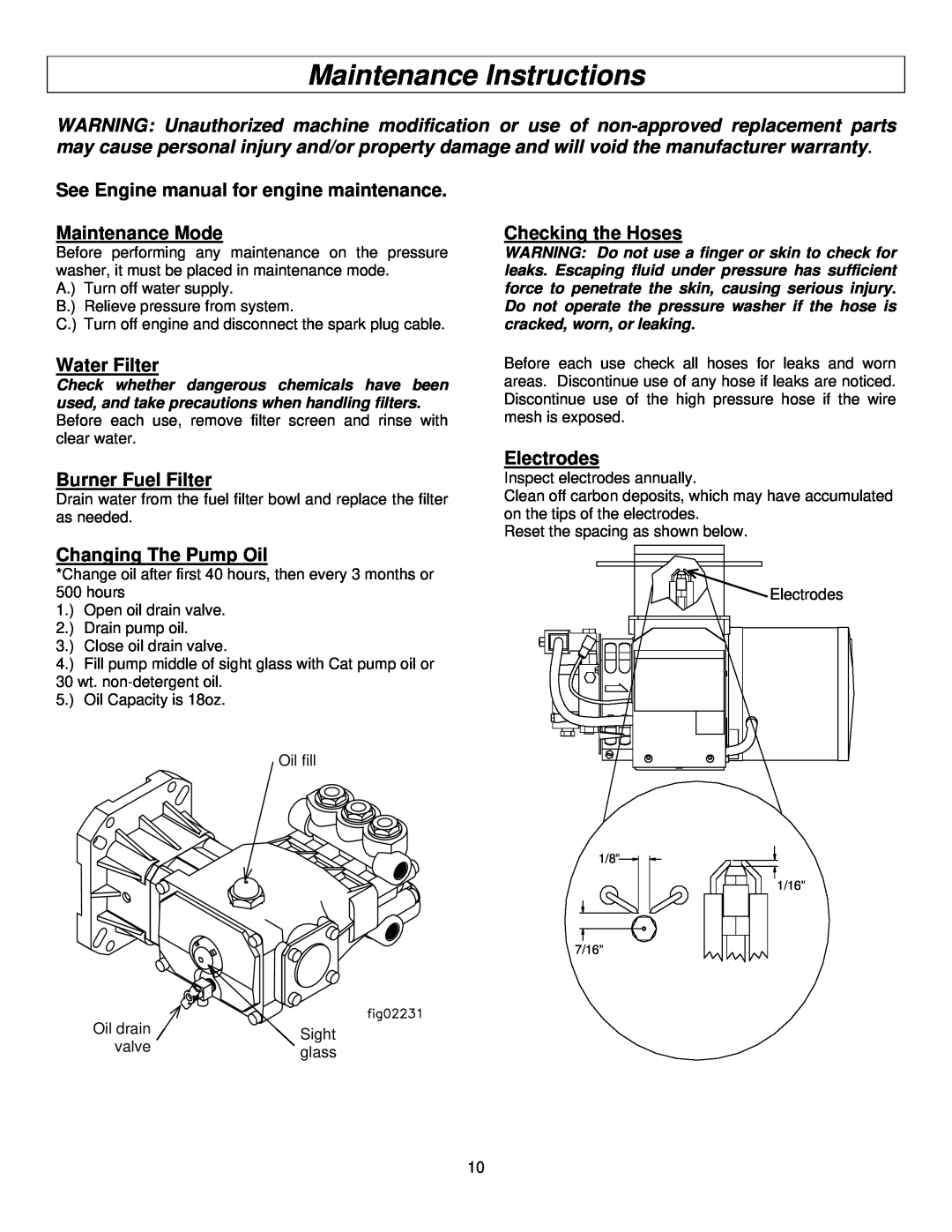 North Star M157594I Maintenance Instructions, See Engine manual for engine maintenance Maintenance Mode, Water Filter 