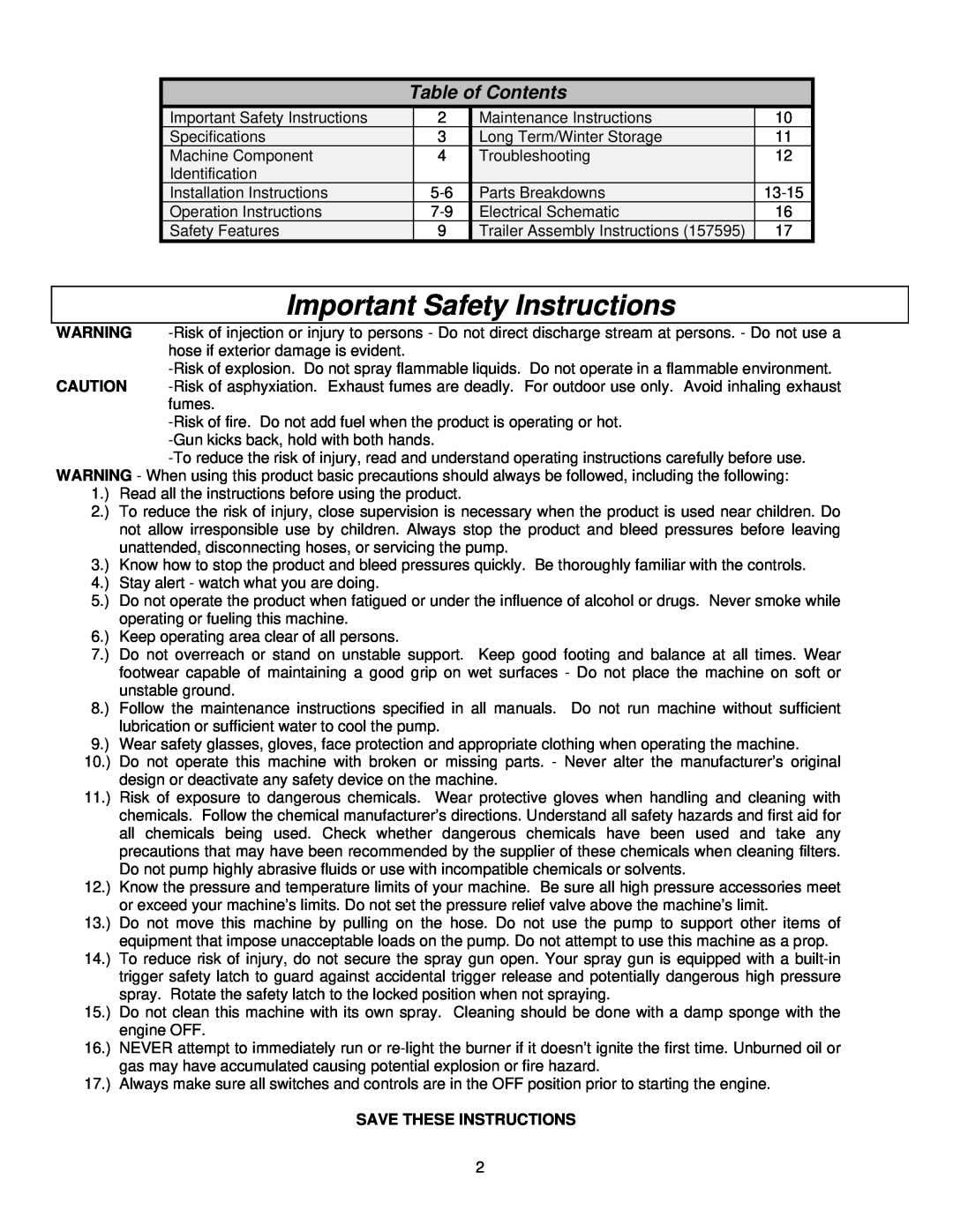 North Star M157594I specifications Important Safety Instructions, Table of Contents, Save These Instructions 