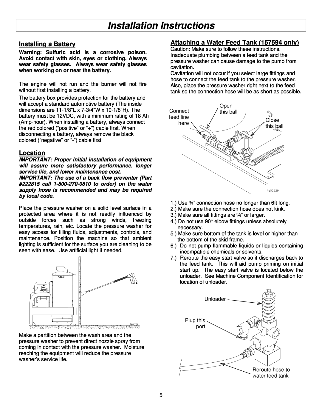 North Star M157594I Installation Instructions, Installing a Battery, Location, Attaching a Water Feed Tank 157594 only 