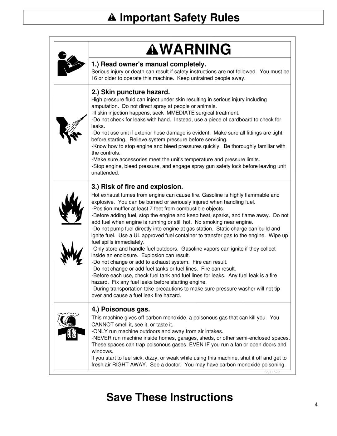 North Star M1578111F owner manual Important Safety Rules, Skin puncture hazard, Risk of fire and explosion, Poisonous gas 