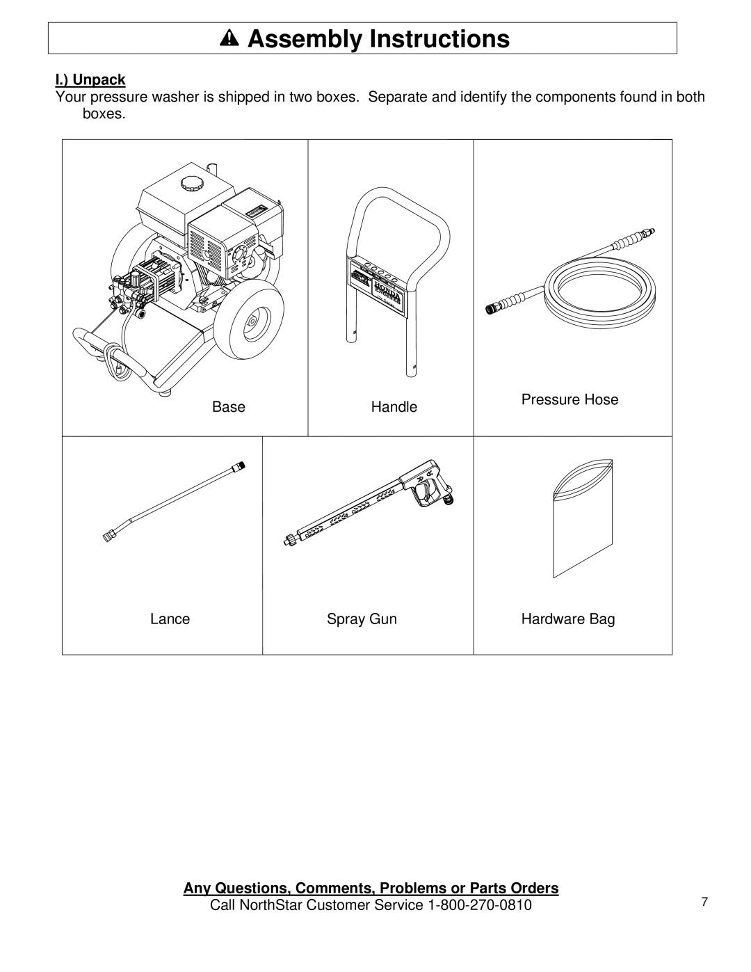 North Star M1578111F owner manual Assembly Instructions, Unpack, Any Questions, Comments, Problems or Parts Orders 