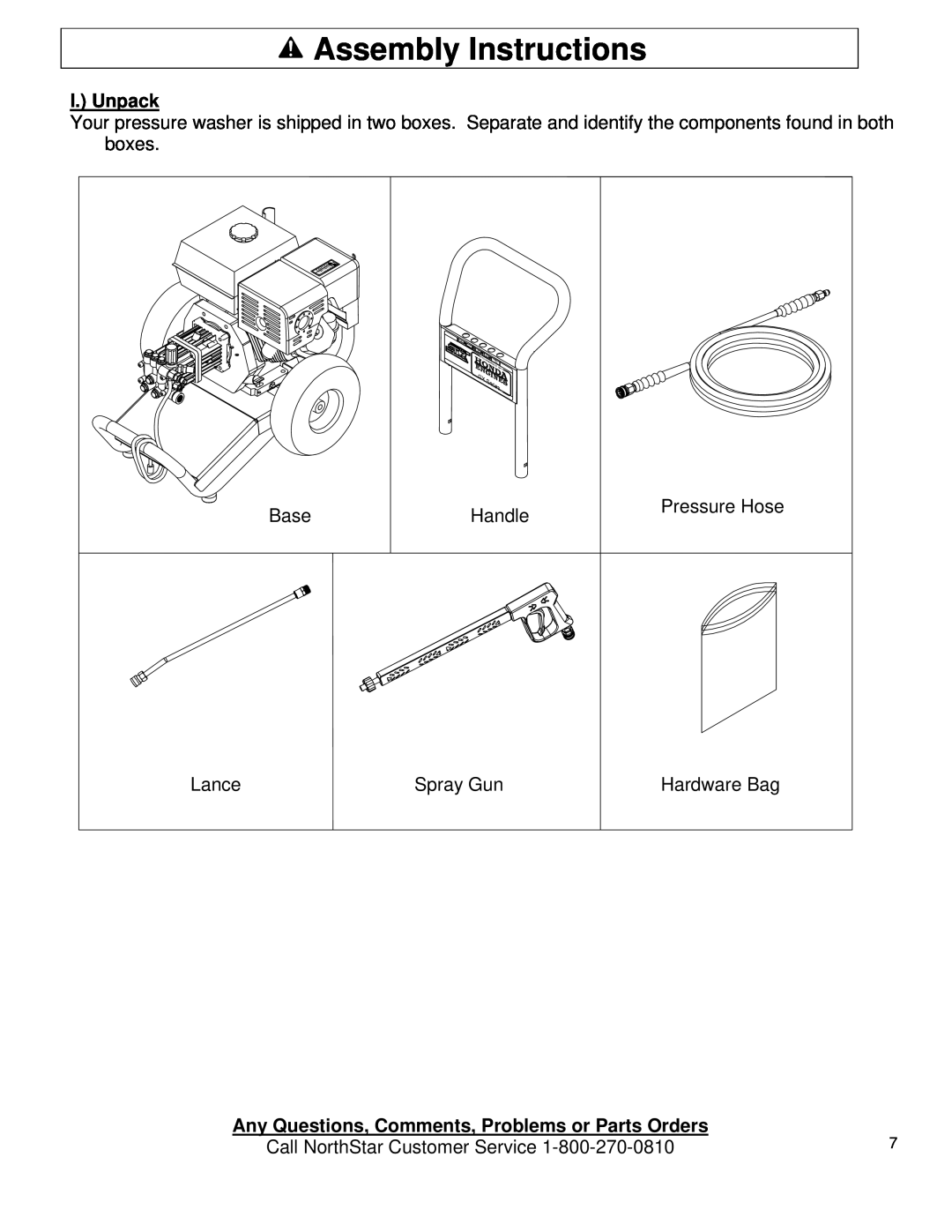 North Star M1578111F owner manual Assembly Instructions, I. Unpack, Any Questions, Comments, Problems or Parts Orders 