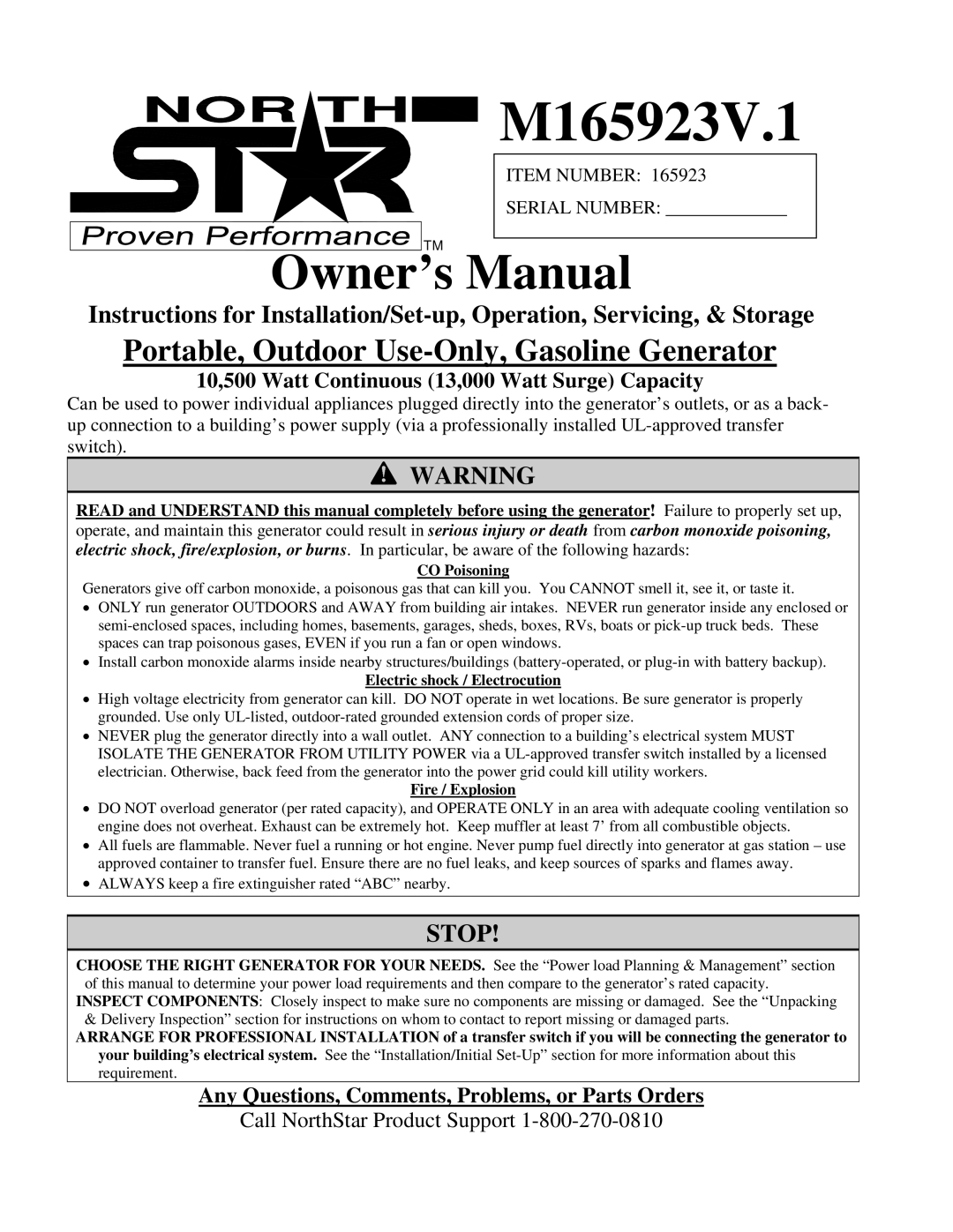 North Star M165923V.1 owner manual 10,500 Watt Continuous 13,000 Watt Surge Capacity 