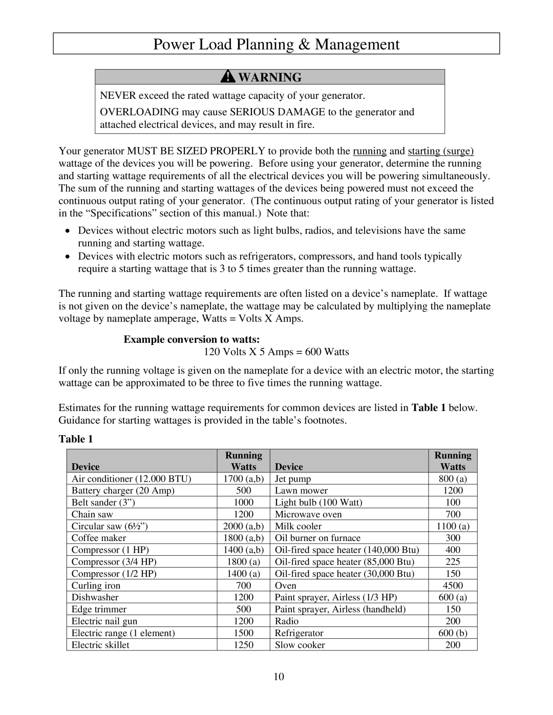 North Star M165923V.1 owner manual Power Load Planning & Management, Example conversion to watts 