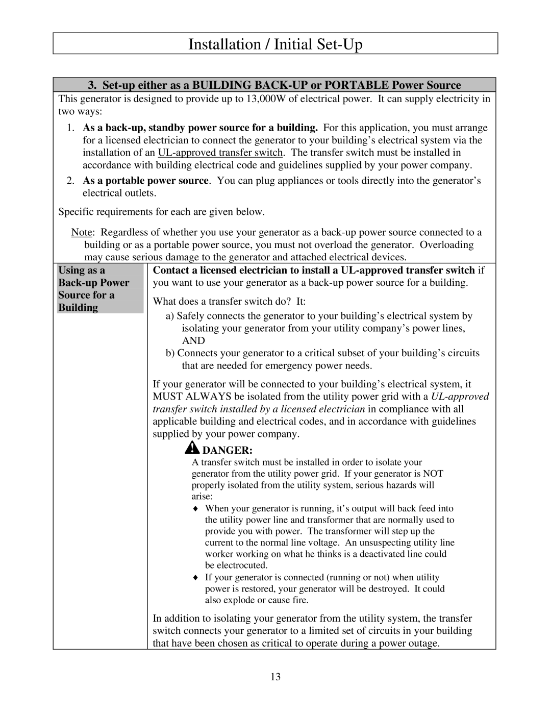 North Star M165923V.1 owner manual Set-up either as a Building BACK-UP or Portable Power Source 