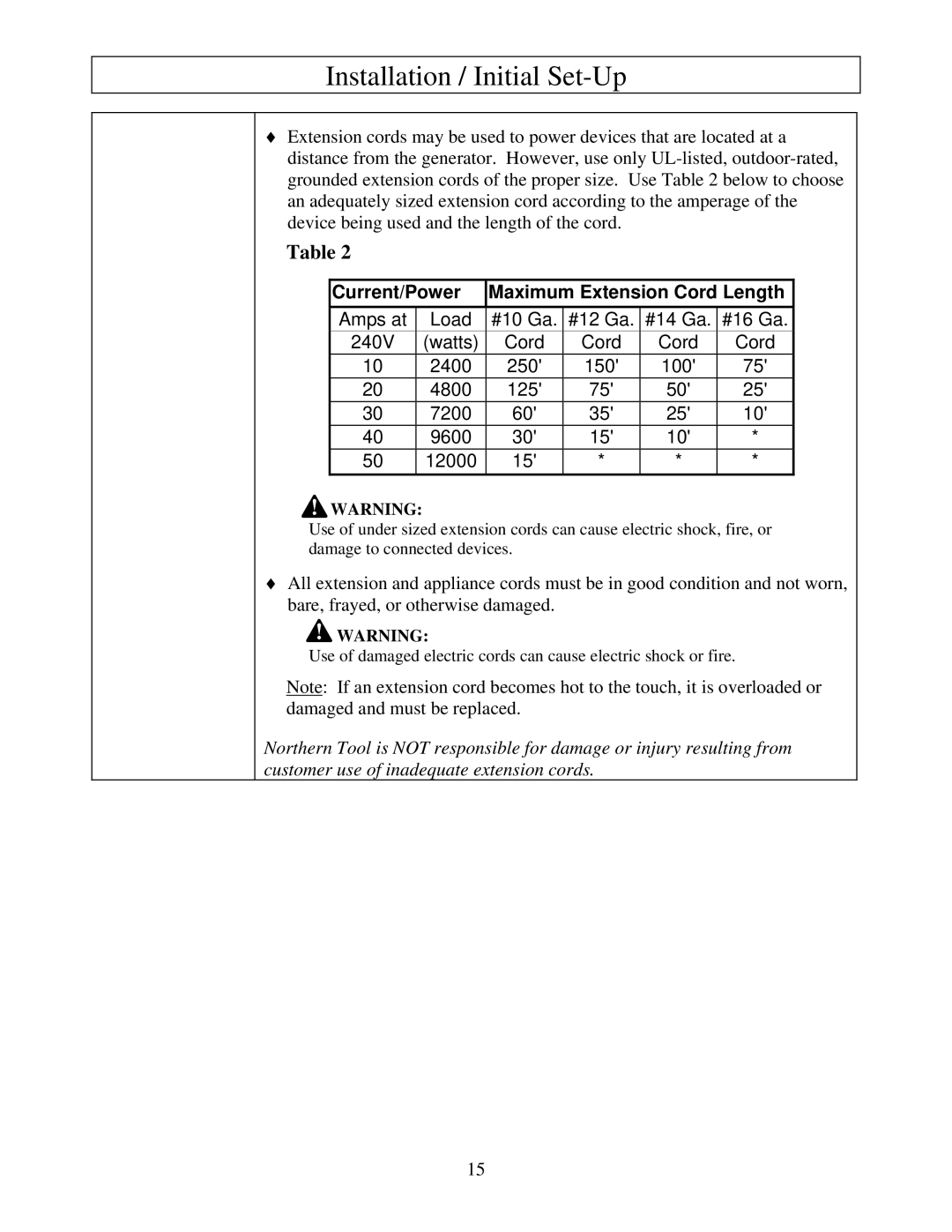 North Star M165923V.1 owner manual Current/Power Maximum Extension Cord Length 