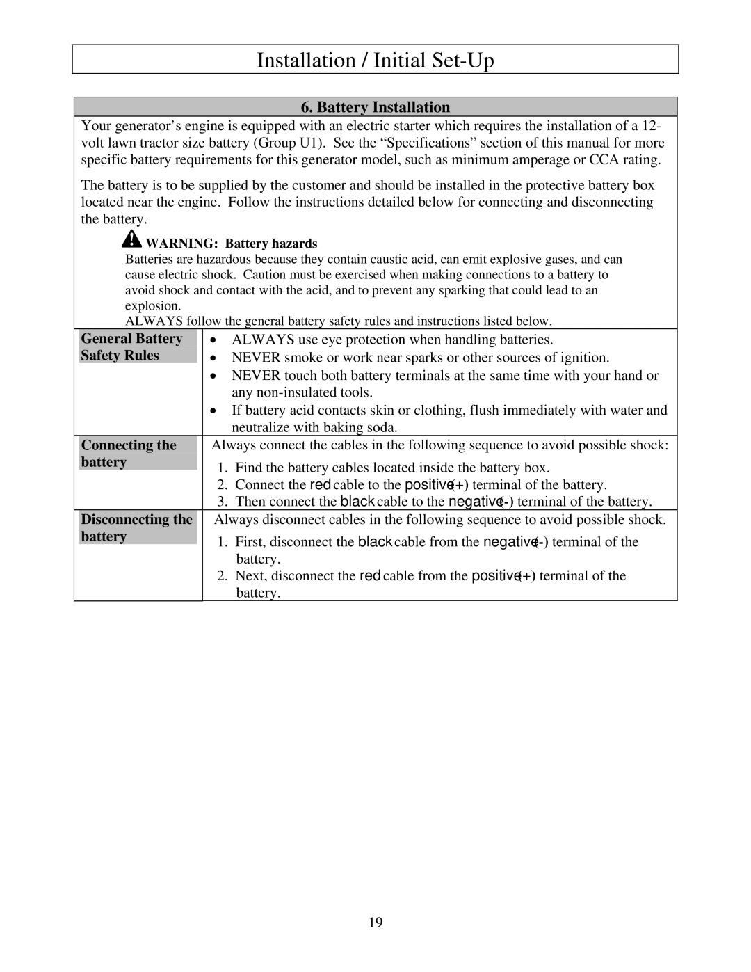 North Star M165923V.1 owner manual Battery Installation 