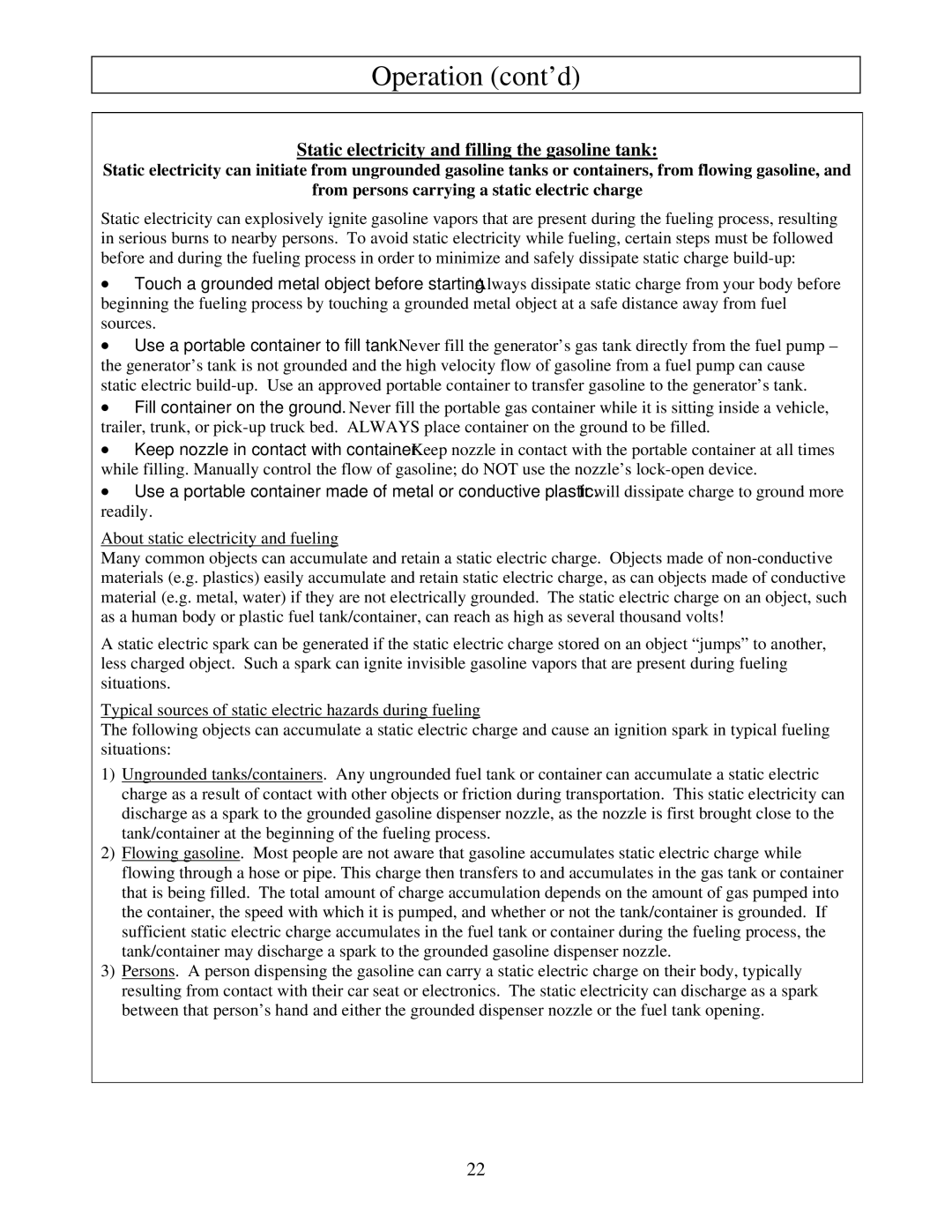 North Star M165923V.1 owner manual Static electricity and filling the gasoline tank 