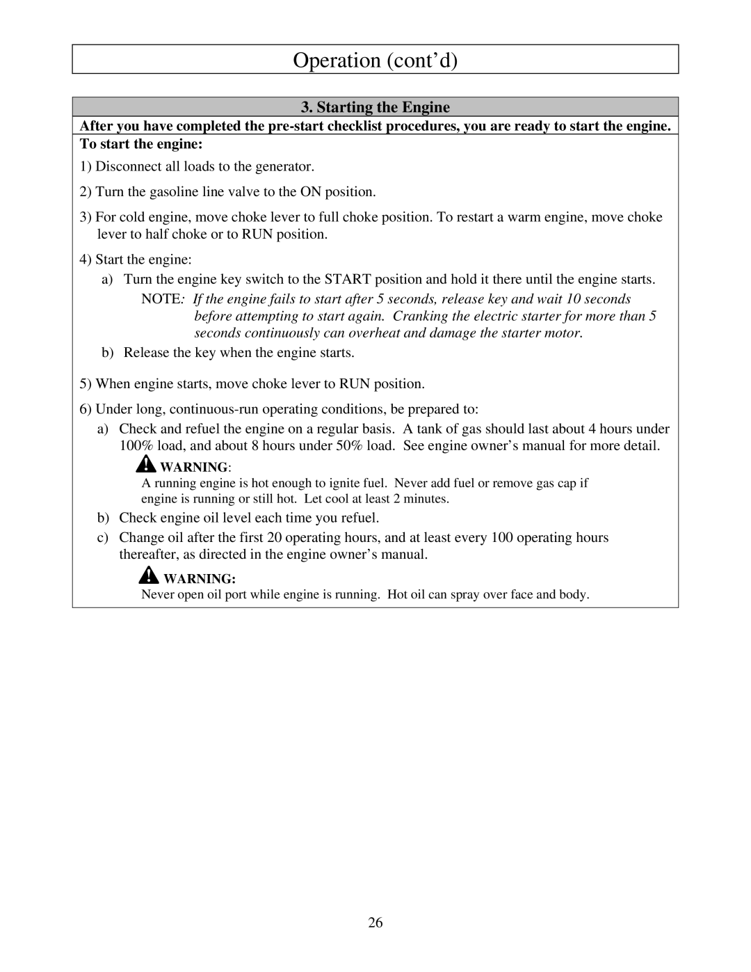 North Star M165923V.1 owner manual Starting the Engine 