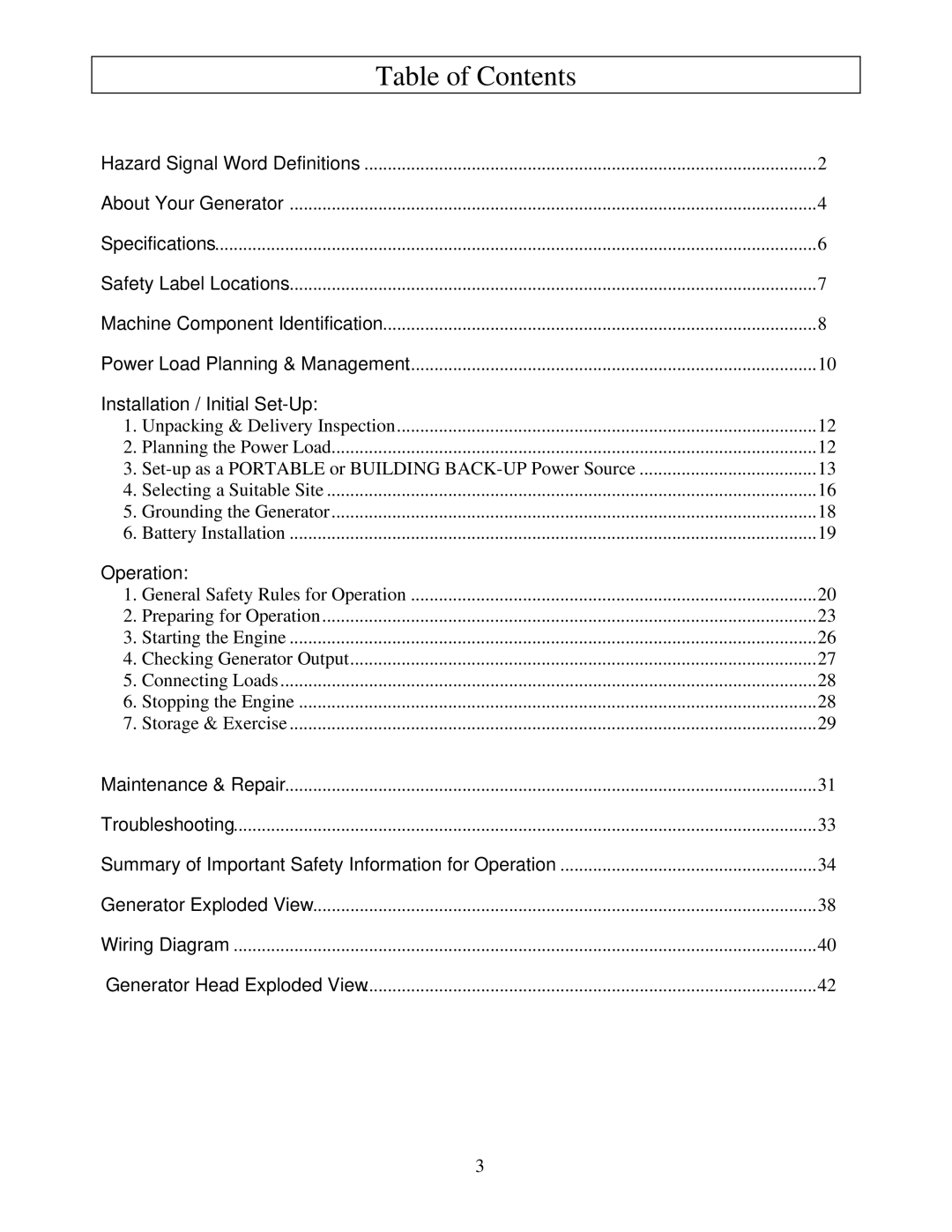 North Star M165923V.1 owner manual Table of Contents 