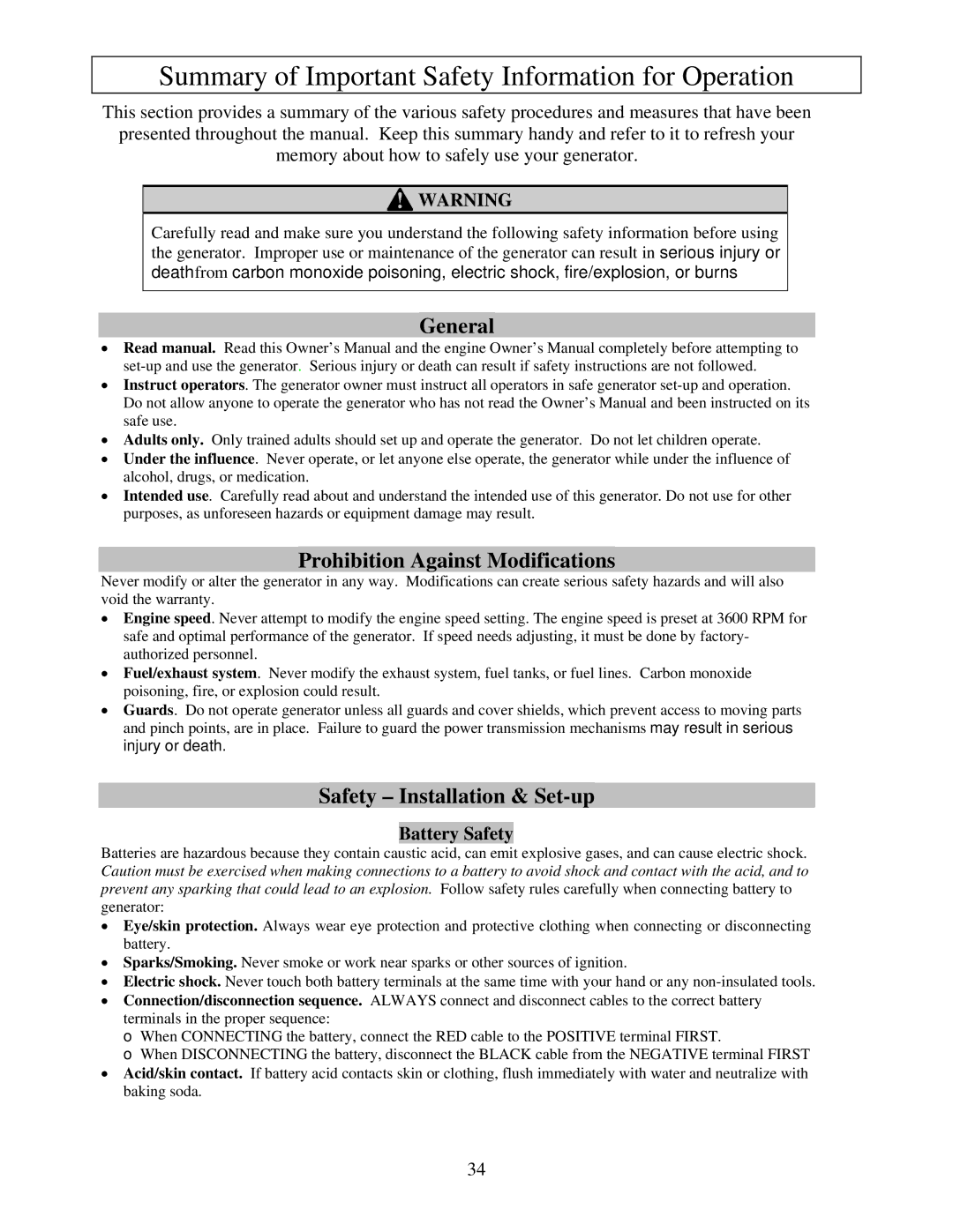 North Star M165923V.1 Summary of Important Safety Information for Operation, General, Prohibition Against Modifications 