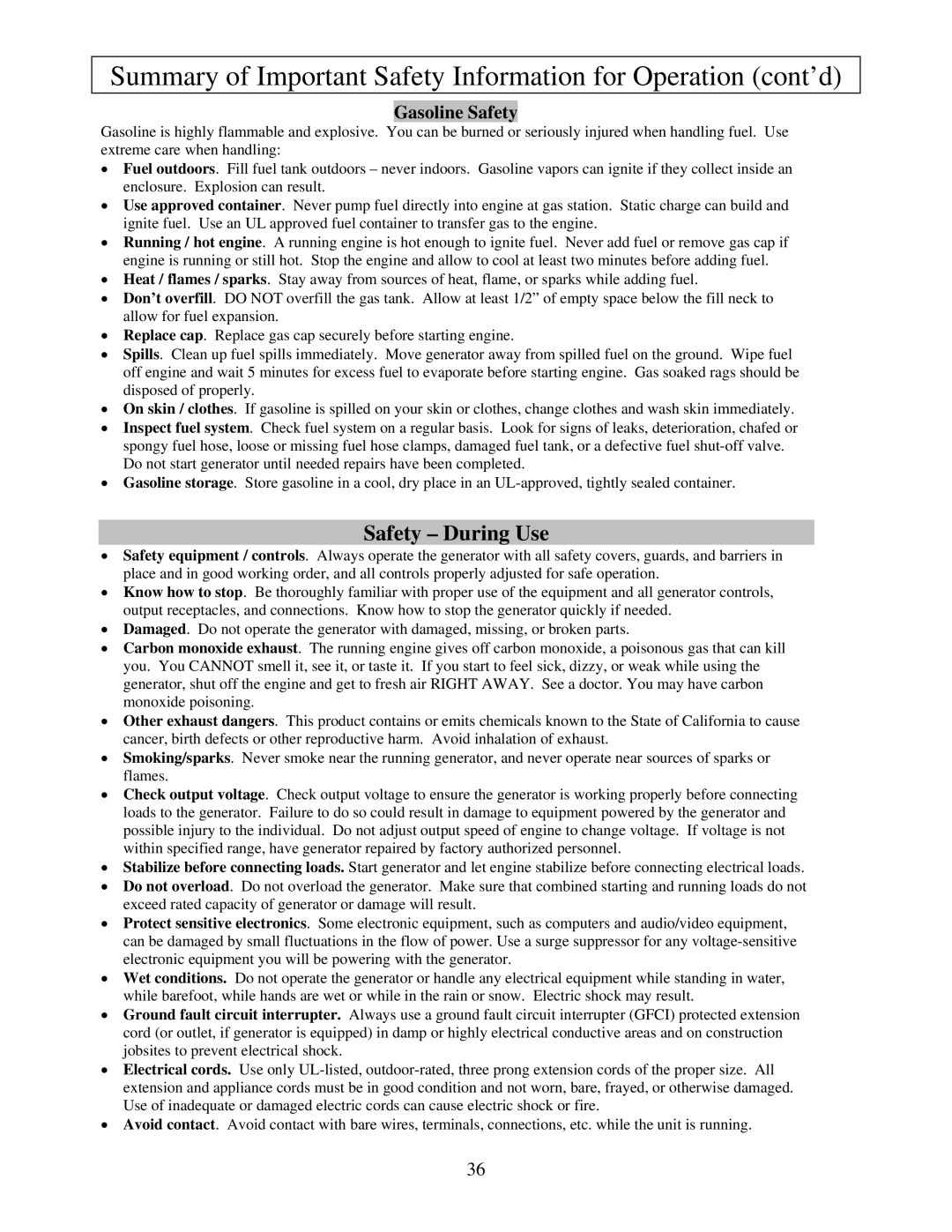 North Star M165923V.1 owner manual Safety During Use, Gasoline Safety 