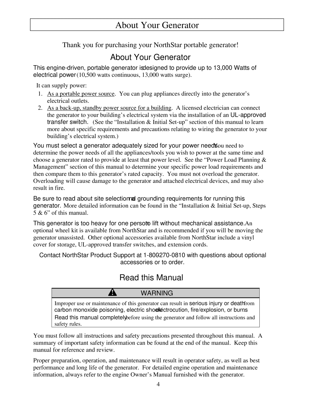 North Star M165923V.1 owner manual About Your Generator 