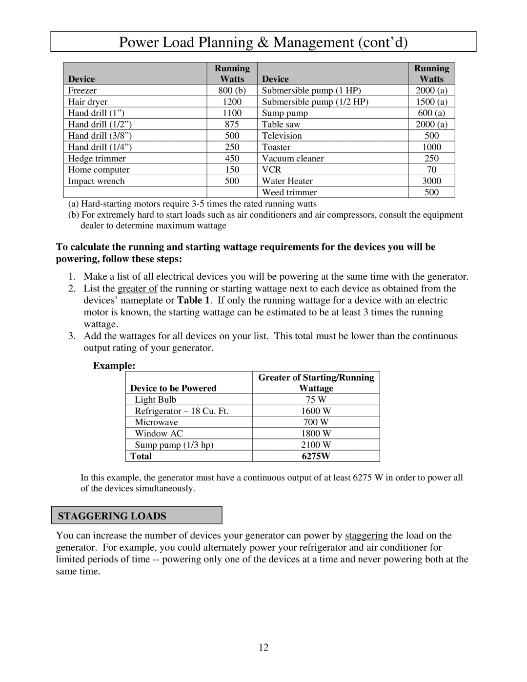 North Star M165938N owner manual Power Load Planning & Management cont’d, Example 