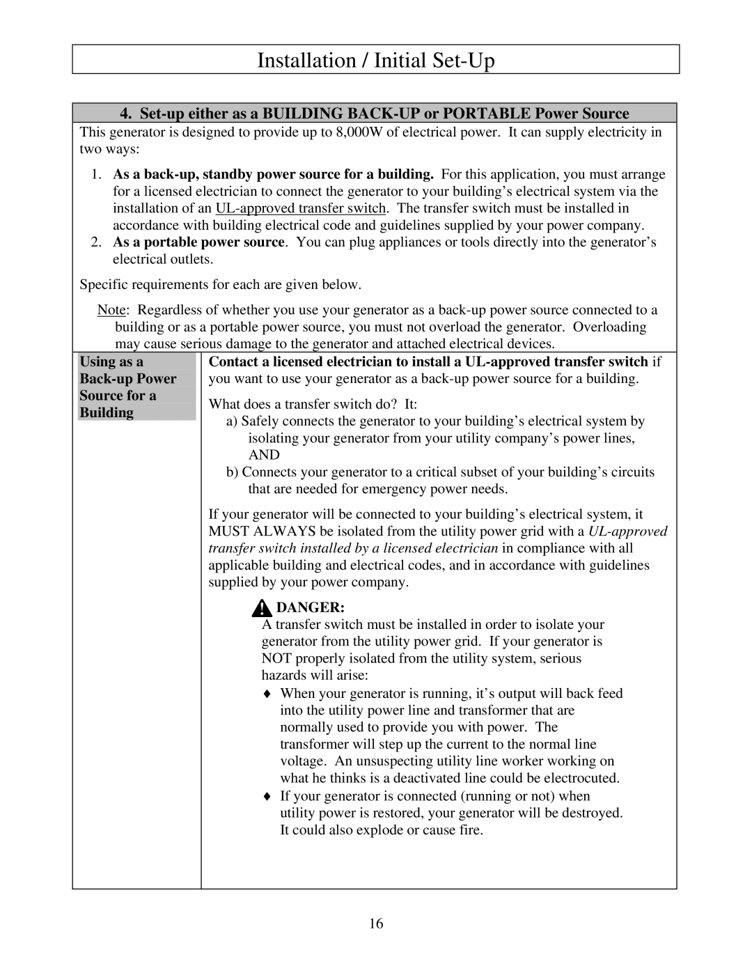 North Star M165938N owner manual Set-up either as a Building BACK-UP or Portable Power Source 