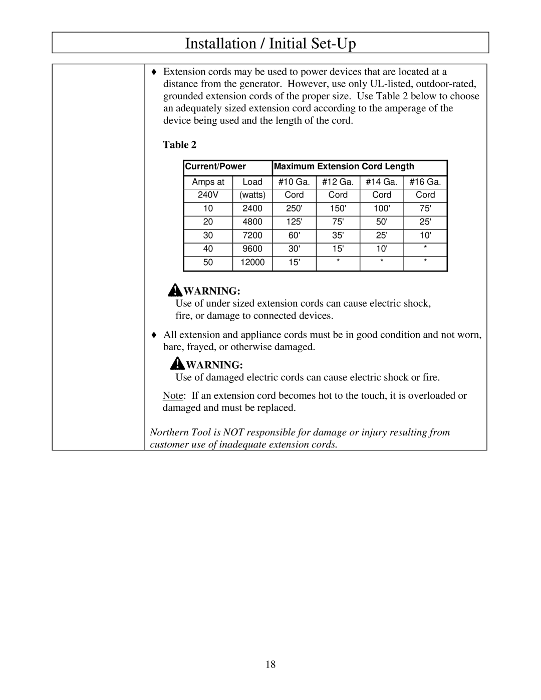 North Star M165938N owner manual Current/Power Maximum Extension Cord Length 