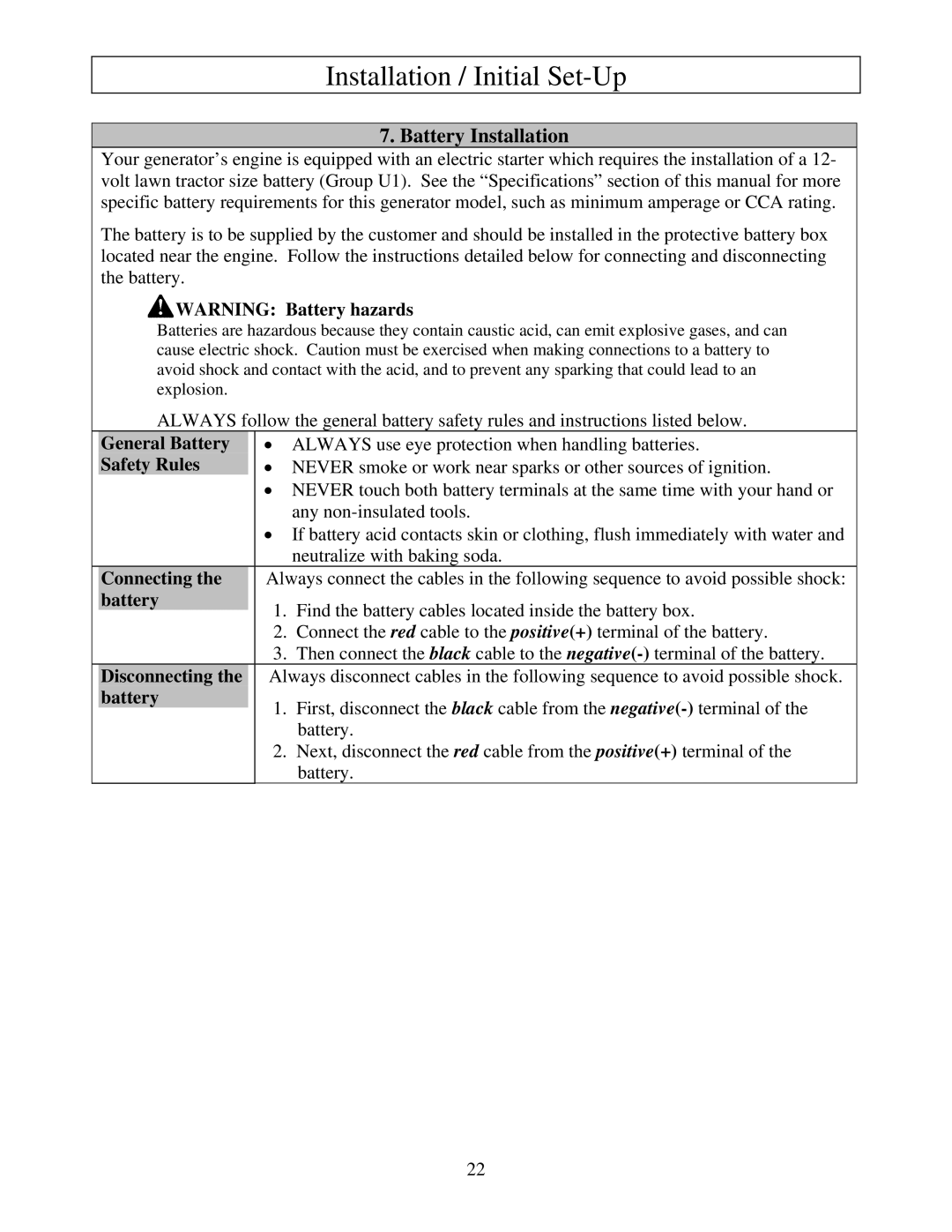 North Star M165938N owner manual Battery Installation 