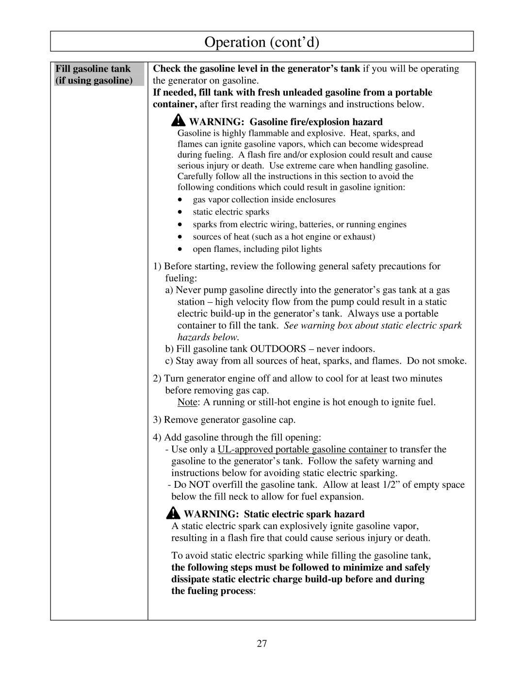 North Star M165938N owner manual Generator on gasoline 