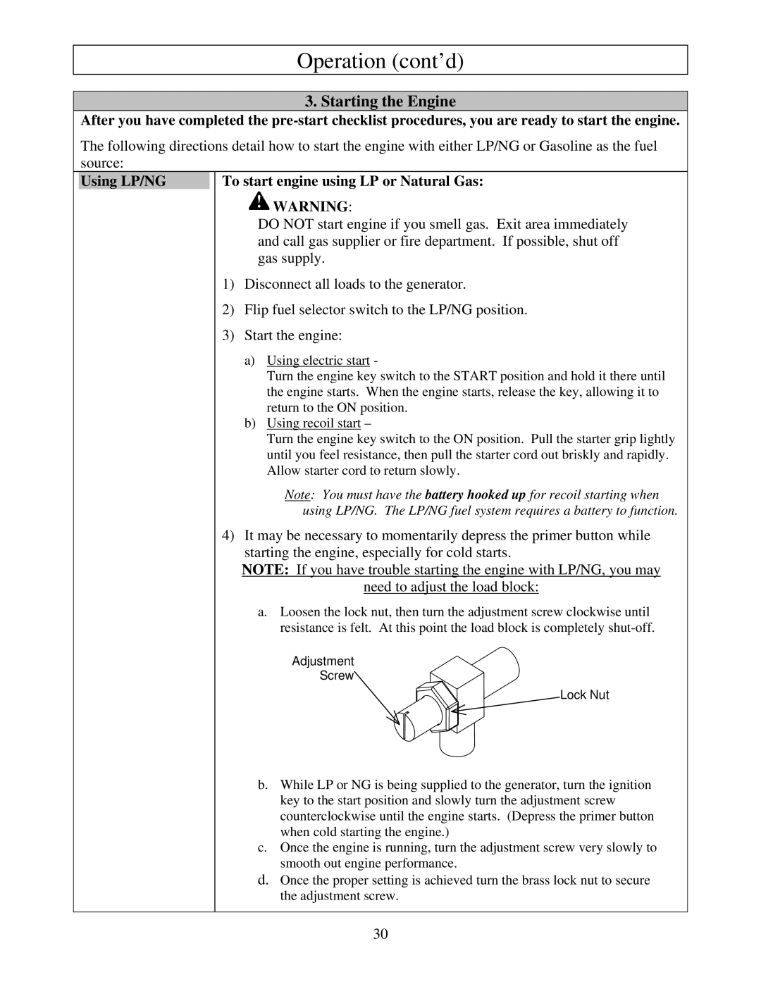 North Star M165938N owner manual Starting the Engine, Using LP/NG To start engine using LP or Natural Gas 