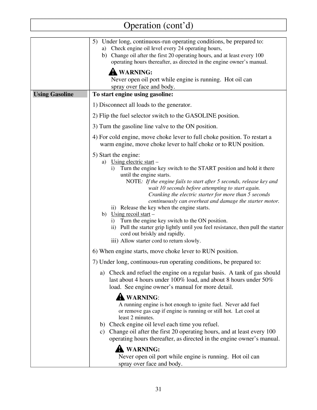 North Star M165938N owner manual Using Gasoline, To start engine using gasoline 