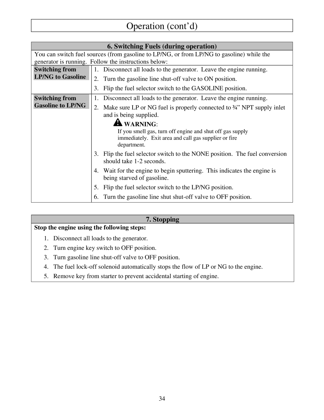 North Star M165938N owner manual Switching Fuels during operation, Stopping, Stop the engine using the following steps 